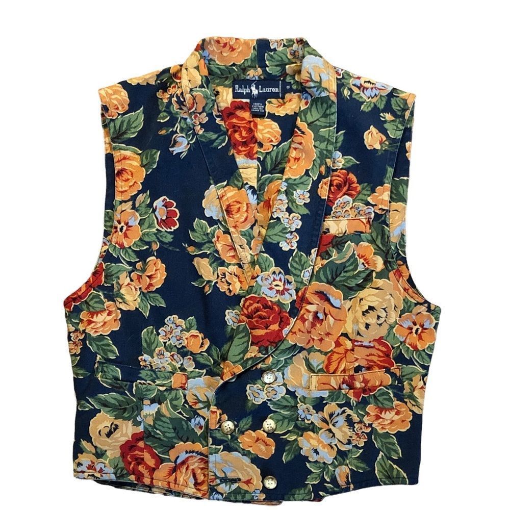vintage polo ralph lauren women vest cotton size 8 floral multi-color